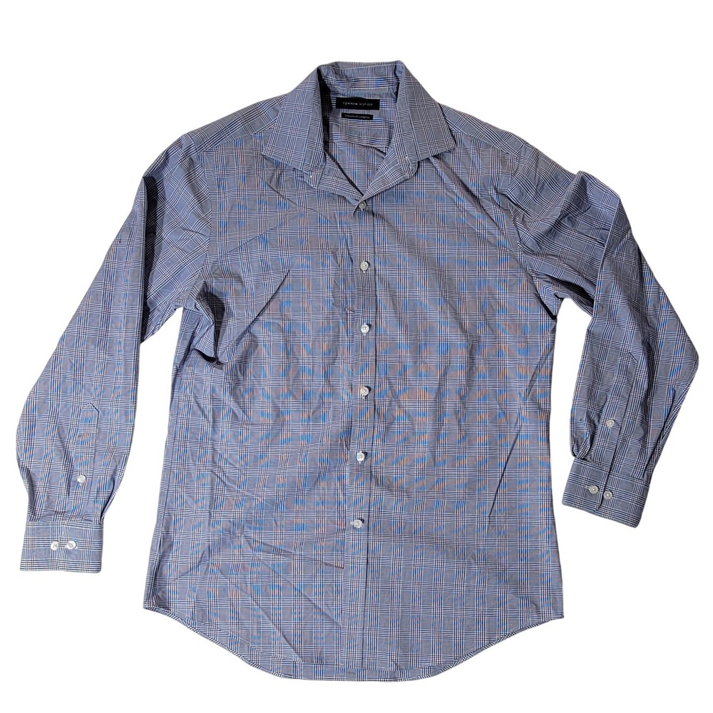Tommy Hilfiger Men Athletic Fit Stretch Dress Shirt Blue Purple Plaid 15.5 32/33